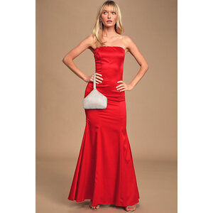 Lulus Hearts Run Wild Red Satin Strapless Maxi Dress - Size M